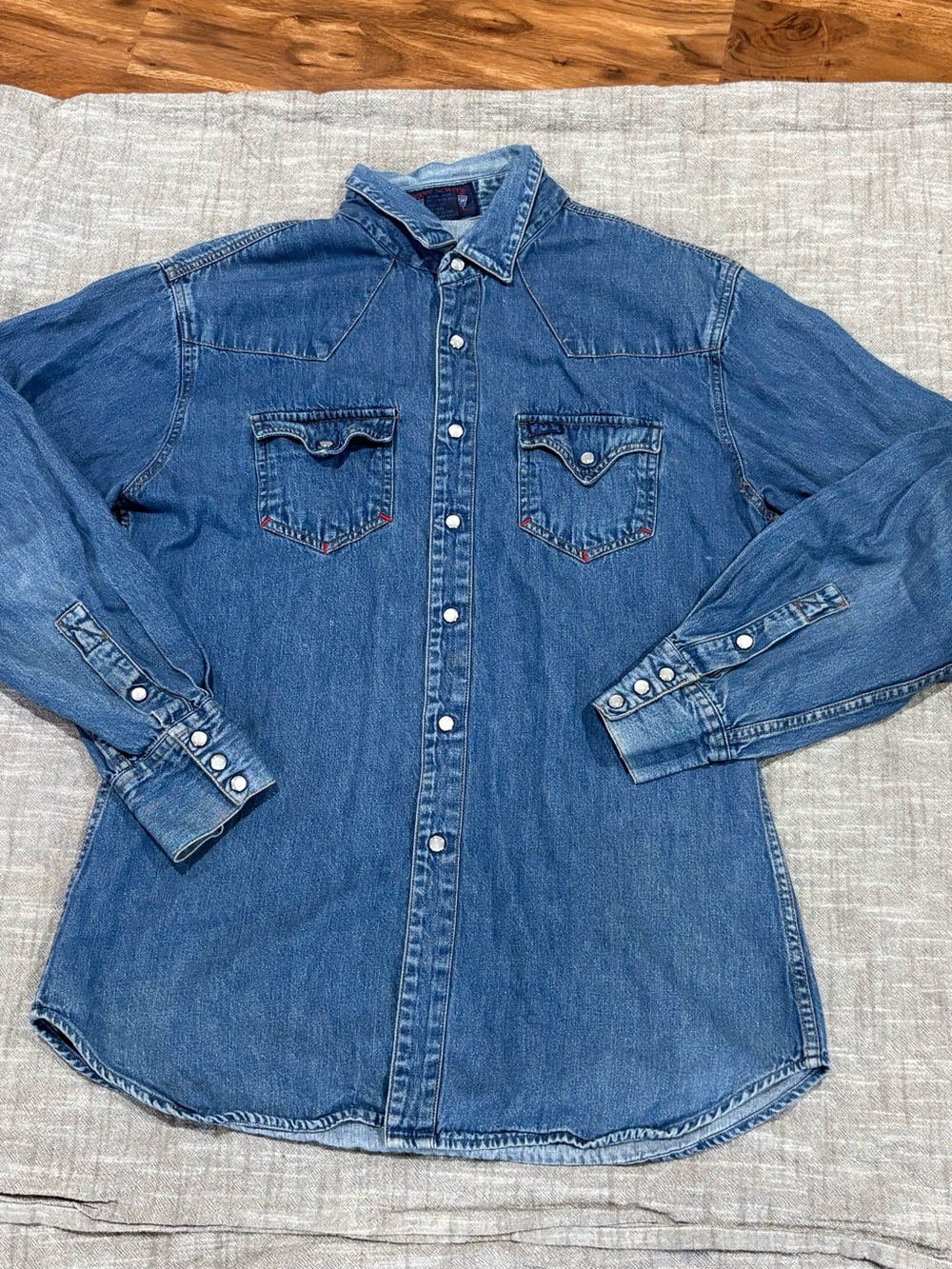 Vintage 80s F.U.’S Shirts Denim Western Pearl Snap Shirt Mens XL Hong Kong